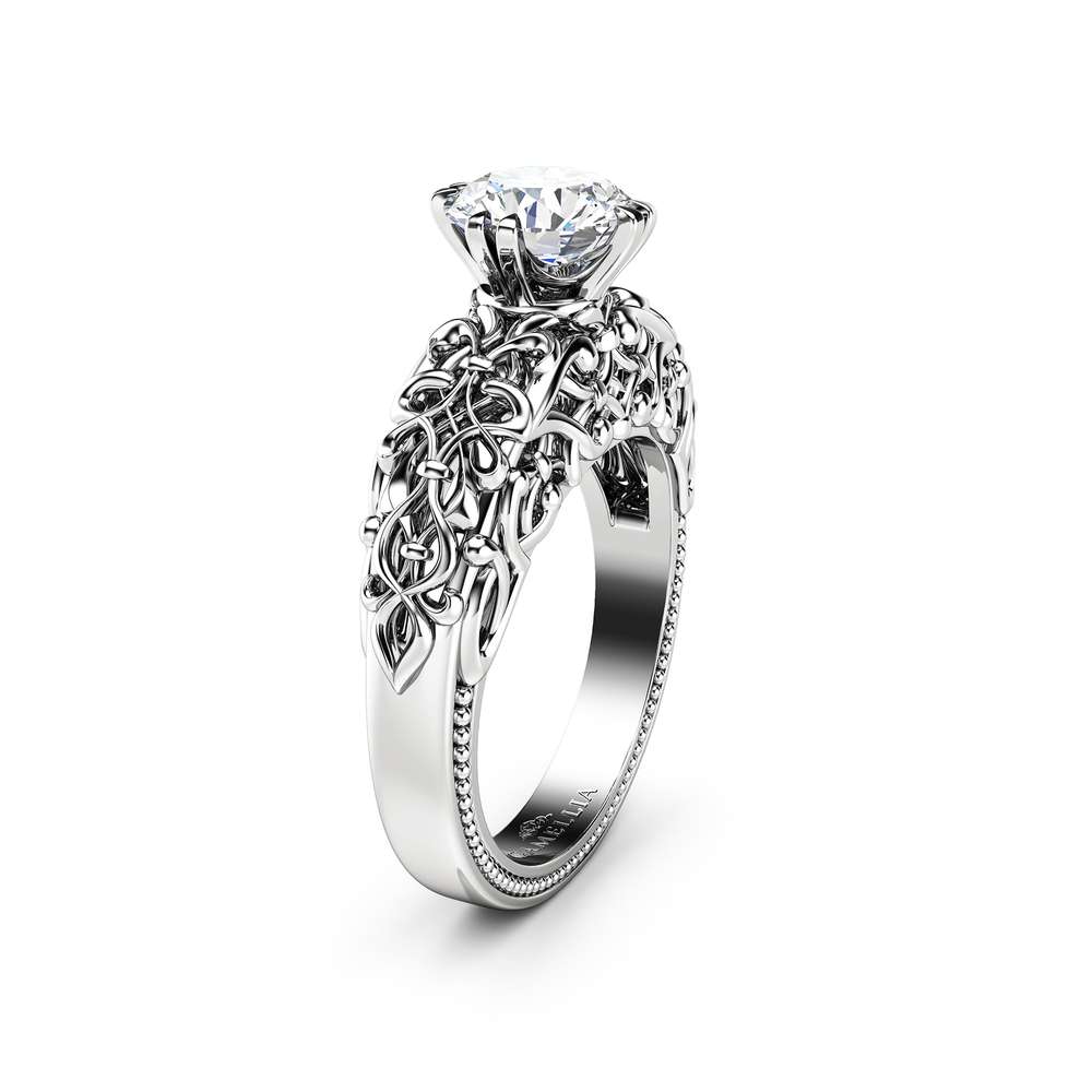 Moissanite Engagement Ring Art Deco Moissanite White Gold Ring Solitaire Diamond Alternative Ring